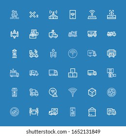 Editable 36 free icons for web and mobile. Set of free included icons line Delivery truck, Sugar, No wifi, Delivery, Signal, Soy eggs, Hotspot, Wifi, Shopping online on blue background