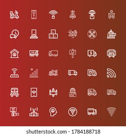 Editable 36 free icons for web and mobile. Set of free included icons line Wifi signal, Truck, Wifi, Peace, Signal, Delivery, Van, Delivery truck, Freedom, Vegan food, Sugar cube on red