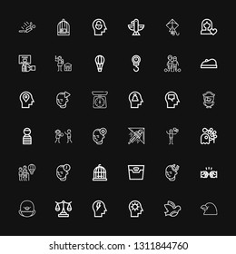 Editable 36 freedom icons for web and mobile. Set of freedom included icons line Raven, Dove, Mind, Scale, Eagle, Fist, Bird cage, Hot air balloon, Pigeon on black background