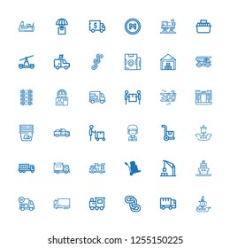 Editable 36 freight icons for web and mobile. Set of freight included icons line Ship, Truck, Chains, Train, Delivery, Harbor crane, Logistic, Delivery truck on white background