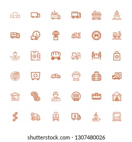 Editable 36 freight icons for web and mobile. Set of freight included icons line Train, Ship, Truck, Delivery, Chain, Storehouse, Railway, Delivery man, Chains on white background
