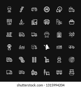 Editable 36 freight icons for web and mobile. Set of freight included icons line Container, Train, Delivery man, Delivery truck, Delivery, Truck, Shipping on black background