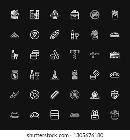 Editable 36 french icons for web and mobile. Set of french included icons line Onion rings, Bread, Harmonica, Ice box, Croissant, Bun, Nantes, Amusement park on black background