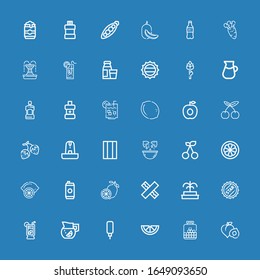 Editable 36 freshness icons for web and mobile. Set of freshness included icons line Peach, Chewing gum, Lemon, Water dispenser, Lemonade, Bottle cap, Fountain on blue background