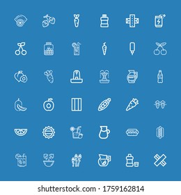 Editable 36 freshness icons for web and mobile. Set of freshness included icons line Chewing gum, Mouthwash, Lemonade, Asparagus, Lemon, Lemon juice, Hotdog on blue background