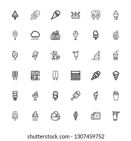 Editable 36 frozen icons for web and mobile. Set of frozen included icons line Ice cream, Frozen yogurt, Popsicle, Milkshake, Cream, Ice fishing, Snow on white background