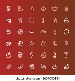 Editable 36 fruit icons for web and mobile. Set of fruit included icons line Watermelon, Porridge, Picnic, Cream, Ice cream, Butternut squash, Bowls, Lemonade, Apple, Gardener on red