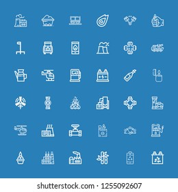 Editable 36 Fuel Icons For Web And Mobile. Set Of Fuel Included Icons Line Battery, Sugar Cane, Factory, Flame, Gas Station, Gauge, Lighter, Pipe, Helicopter On Blue Background