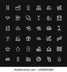 Editable 36 fuel icons for web and mobile. Set of fuel included icons line Oil, Lighter, Speedometer, Factory, Tank, Hydro power, Water tank, Fire, Coal, Pipes on black background