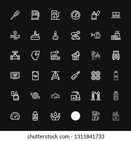 Editable 36 fuel icons for web and mobile. Set of fuel included icons line Lighter, Charger, Nuclear energy, Ecology, Gas, Speedometer, Oil, Electricity, Factory on black background