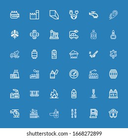 Editable 36 fuel icons for web and mobile. Set of fuel included icons line Mining, Gasoline station, Piston, Lighter, Barrel, Helicopter, Battery, Cylinder on blue background