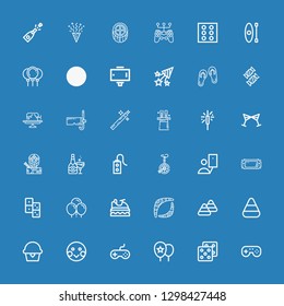 Editable 36 fun icons for web and mobile. Set of fun included icons line Gamepad, Dice, Balloons, Joystick, Shy, Cupcake, Candy corn, Boomerang, Jet ski, Domino on blue background