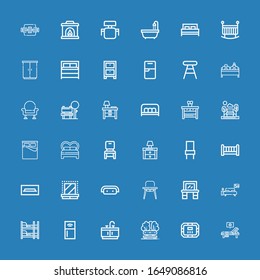 Editable 36 furniture icons for web and mobile. Set of furniture included icons line Sunbed, Poker table, Bench, Bathroom, Refrigerator, Bunk bed, Bedroom, Vanity on blue background