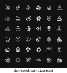 Editable 36 future icons for web and mobile. Set of future included icons line Robot, Filament, Electric car, Rocket, Stereoscope, Artificial intelligence on black background