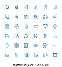 Editable 36 gadget icons for web and mobile. Set of gadget included icons line Graphic tablet, Controller, Headphones, Handheld, Ipod, Vr, Smart glasses, Augmented reality on white background