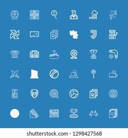 Editable 36 game icons for web and mobile. Set of game included icons line Poker, Invader, Virtual reality, Treasure, Luge, Golf, Target, Ball, Arsenal, Claw machine on blue background