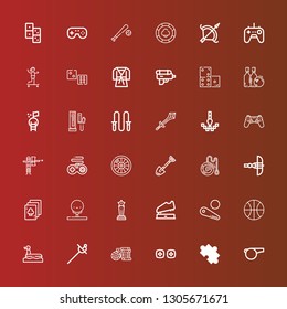Editable 36 game icons for web and mobile. Set of game included icons line Whistle, Puzzle, Vr, Casino chip, Sword, Duck, Basketball, Pinball, Trophy, Golf, Playing cards on red