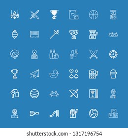 Editable 36 game icons for web and mobile. Set of game included icons line Abc, Ball, Bingo, Toboggan, Competition, Wrestler, Nerd, Billiard, Archery, Invader on blue background