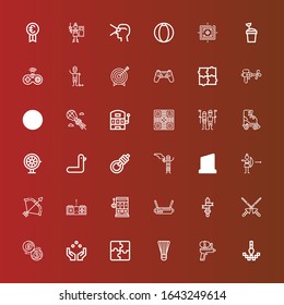 Editable 36 game icons for web and mobile. Set of game included icons line Pixel, Water gun, Badminton, Puzzle, Juggling ball, Billiard, Spears, Sword, Vr, Slot machine on red