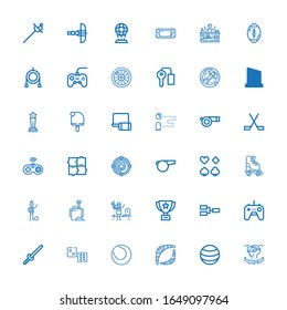 Editable 36 game icons for web and mobile. Set of game included icons line Vr, Ball, Boomerang, Tennis, Dice, Sword, Gamepad, Competition, Trophy, Paintball on white background