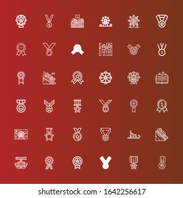 Editable 36 games icons for web and mobile. Set of games included icons line Medal, Luge, Ferris wheel, Medals, Spellbook, Amusement park, Roller coaster on red