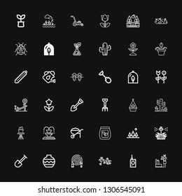 Editable 36 Garden Icons For Web And Mobile. Set Of Garden Included Icons Line Fountain, Bug Detector, Flower, Water Hose, Vase, Shovel, Sprinkler, Tree, Seed Bag On Black Background