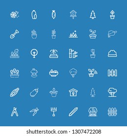 Editable 36 garden icons for web and mobile. Set of garden included icons line Fences, Bench, Caterpillar, Rake, Shears, Pruning shears, Tree, Greenhouse, Flower pot on blue background