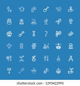 Editable 36 gardening icons for web and mobile. Set of gardening included icons line Plant, Greenhouse, Flower pot, Shovel, Rake, Pruning shears, Hanging pot on blue background