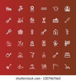 Editable 36 gardening icons for web and mobile. Set of gardening included icons line Mower, Scythe, Gardener, Sand, Plant, Rake, Spade, Hanging pot, Lawn, Watering can on red