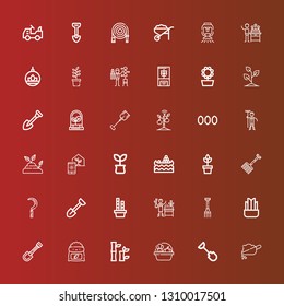 Editable 36 gardening icons for web and mobile. Set of gardening included icons line Soil, Shovel, Harvest, Bamboo, Fertilizer, Plant, Pitchfork, Gardener, Scythe, Rake on red