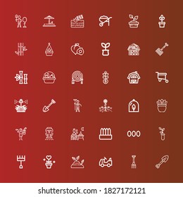 Editable 36 gardening icons for web and mobile. Set of gardening included icons line Shovel, Pitchfork, Mower, Sprout, Plant, Rake, Seeds, Terrace, Sprinkler, Gardener on red