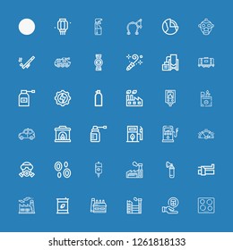 Editable 36 gas icons for web and mobile. Set of gas included icons line Hob, Cylinder, Factory, Eco fuel, Brake, Oxygen, Blood, Gas mask, Gauge, Gas station on blue background