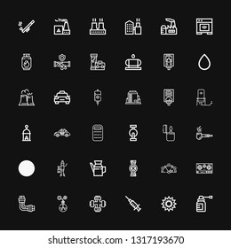 Editable 36 gas icons for web and mobile. Set of gas included icons line Spray, Explosion, Blood, Pipe, Energy, Stove, Gauge, Pipes, Oil, Lantern, Lighter on black background
