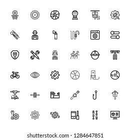 Editable 36 gear icons for web and mobile. Set of gear included icons line Settings, Piston, Configuration, Engine, Setting, Cuckoo clock, Hook, Watch, Machine on white background