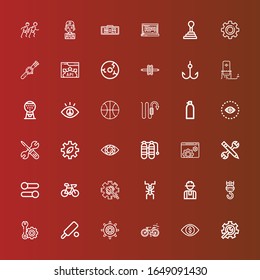 Editable 36 gear icons for web and mobile. Set of gear included icons line Setting, Vision, Bike, Wheel, Cricket, Hook, Worker, Maintenance, Settings, Configuration, Oxygen tank on red