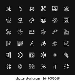 Editable 36 gear icons for web and mobile. Set of gear included icons line Wheel, Hook, Vision, Machine, Engine, Settings, Gear, d printing, Configuration on black background