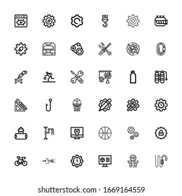 Bearbeitbare 36-Gang-Icons für Web und Mobile. Set mit den Symbolen der Linie Hook, Basketball, Einstellungen, Blowpipe, Bike, Zahnräder, Industrieroboter, Arbeiter, Auf weißem Hintergrund gesetzt