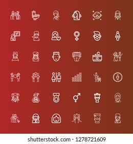 Editable 36 gender icons for web and mobile. Set of gender included icons line Girl, Wc, Couple, Woman, Toilet, Genders, Restroom, Equalizer, Restrooms, Bathroom, Boy, Venus on red