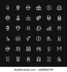 Editable 36 gender icons for web and mobile. Set of gender included icons line Woman, Toilet, Girl, Wc, Couple, Restrooms, Boy, Restroom, Genders, Equalizer on black background