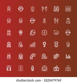 Editable 36 gender icons for web and mobile. Set of gender included icons line Couple, Bathroom, Woman, Venus, Toilet, Girl, Equalizer, Women rights, Boy, Restroom, Restrooms on red