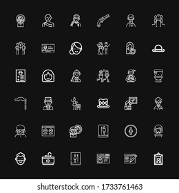 Editierbare 36 Gentleman Icons für Web und Mobile. Set von Gentleman inklusive Icons Linie Portrait, Profil, Toilette, Bad, Mann, Frau, Restroom, Top Hut, Mustache auf schwarzem Hintergrund