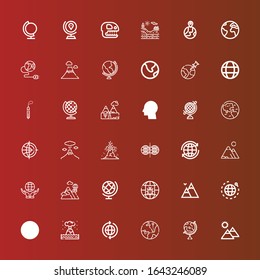 Editable 36 geology icons for web and mobile. Set of geology included icons line Mountain, Globe, World, Eruption, Mountains, Global, Earth globe, Parallel world, Volcano on red