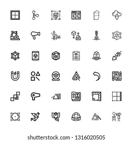 Editable 36 geometric icons for web and mobile. Set of geometric included icons line Hair dryer, Triangle, Sphere, Elephant, Origami, Polygon, Border, Angle on white background