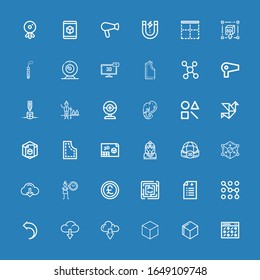 36 iconos geométricos editables para web y móvil. Conjunto de iconos de líneas geométricas, incluidos: Patrón, cubo d, cubo, descarga, devolución, prescripción, laberinto, libra sobre fondo azul