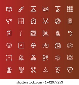 Editable 36 geometric icons for web and mobile. Set of geometric included icons line Molecule, d, Cube, Hair dryer, Webcam, Shape, d cube, Selection, Download, Origami on red