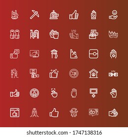 Editable 36 gesture icons for web and mobile. Set of gesture included icons line Hand, Proposal, Hands, Thumb up, Praying, Like, Peace, Touch, Peace sign, Fist, Thumb down on red