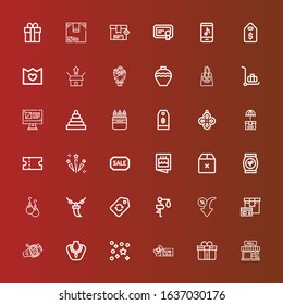 Editable 36 gift icons for web and mobile. Set of gift included icons line Mall, Gift, Voucher, Confetti, Necklace, Ring, Package, Discount, Stork, Label, Earrings, Bag on red