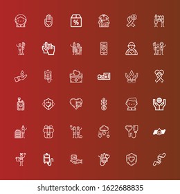 Editable 36 give icons for web and mobile. Set of give included icons line Charity, Blood transfusion, Food donation, Donation, Blood donation, Present, Collecting, Donor on red