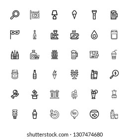Editable 36 glass icons for web and mobile. Set of glass included icons line Drink, Fish bowl, Idea, Evaluation, Shaker, Ice cream, Salt, Cocktail, Test tubes on white background