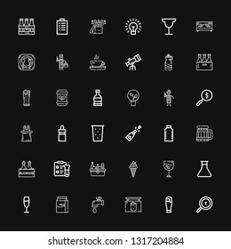 Editable 36 glass icons for web and mobile. Set of glass included icons line Search, Beer, Pub, Water tap, Milk, Champagne, Flask, Drink, Ice cream, Picnic on black background